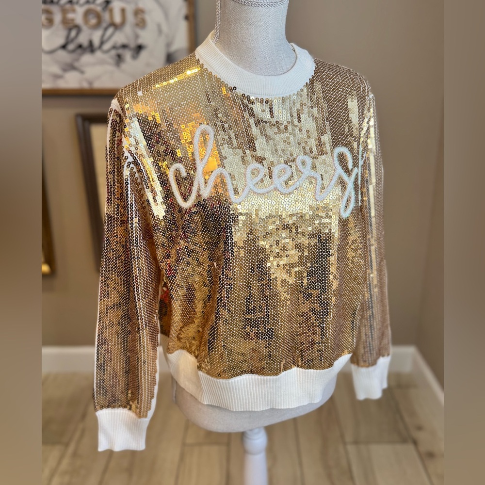 New! QUEEN OF SPARKLES Gold Full Sequin Cheers Crewneck Sweater